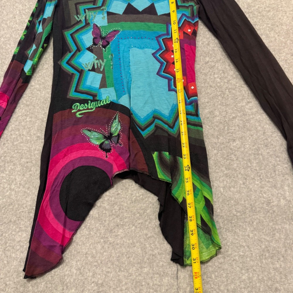 Desigual Women Long Sleeve Asymmetrical Butterfly Graphic Top V-Neck Black Y2K - Picture 3 of 8
